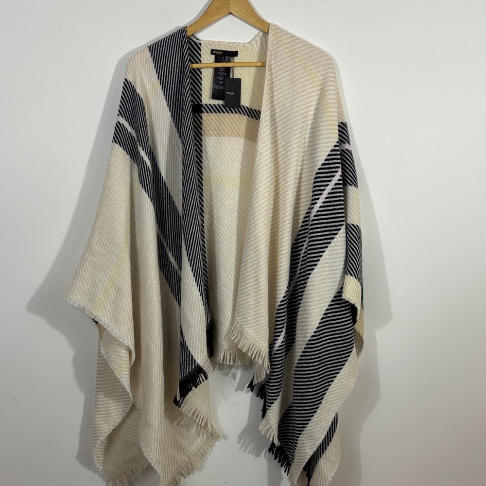 Maje Striped Black and Cream Poncho